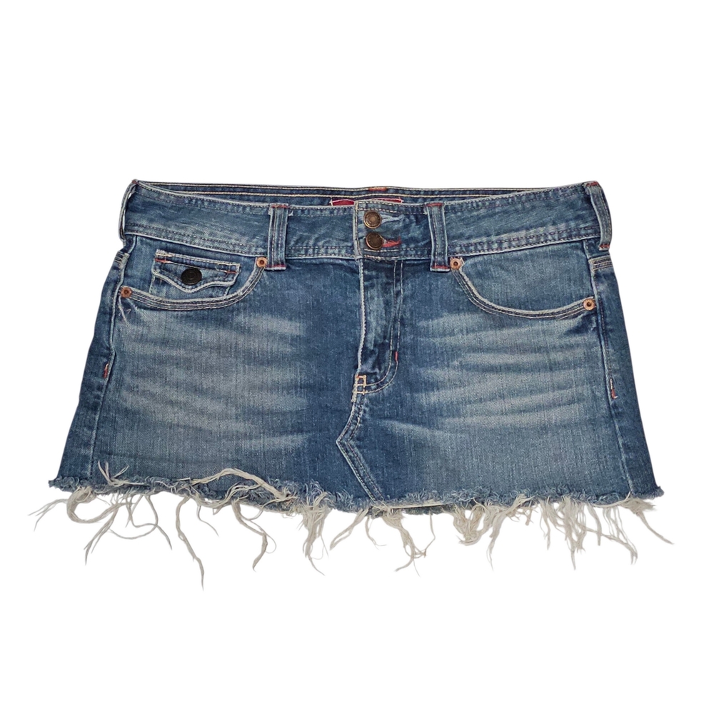 VTG Y2K Hollister Distressed Denim Micro Mini Skirt Low Rise Frayed Hem size 3